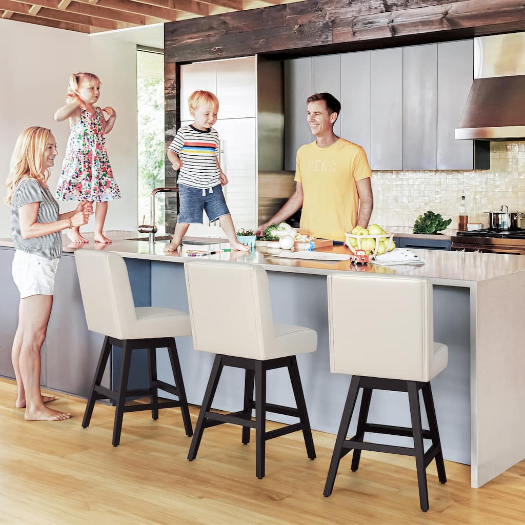 26" Bar Stools Set of 3， Counter Height Bar Stools with Back and Solid Wood Legs