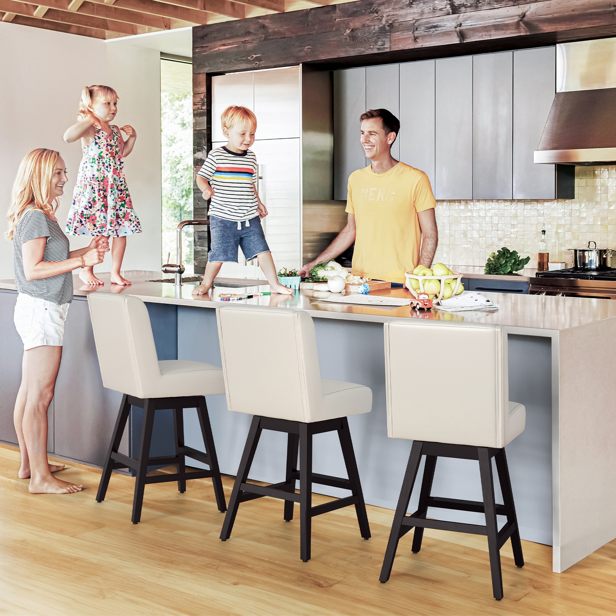 26" Bar Stools Set of 3， Counter Height Bar Stools with Back and Solid Wood Legs