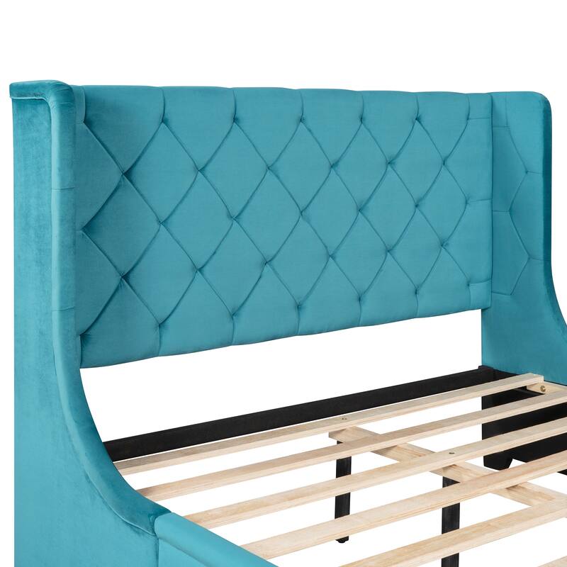 Velvet Upholstered Bed Platform Bed Frame Queen Size Wingback Bed with Tufted Headboard and Large Storage Drawer