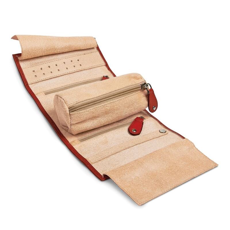 Curata Red Leather Tie Jewelry Roll with Removable Zippered Pouch