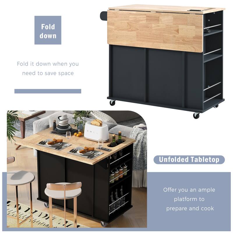 39.80'' Rubber wood Kitchen Island with Power Outlet, Drop Leaf, Adjustable Shelf and 2 Drawers - 39.8'' x 29.33'' x 33.7''