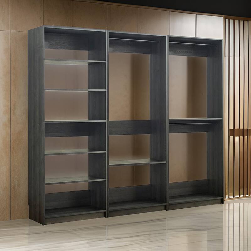 Dee Modular Closet System, 3 Hanging Rods and 6 Shelves, Dark Gray Wood