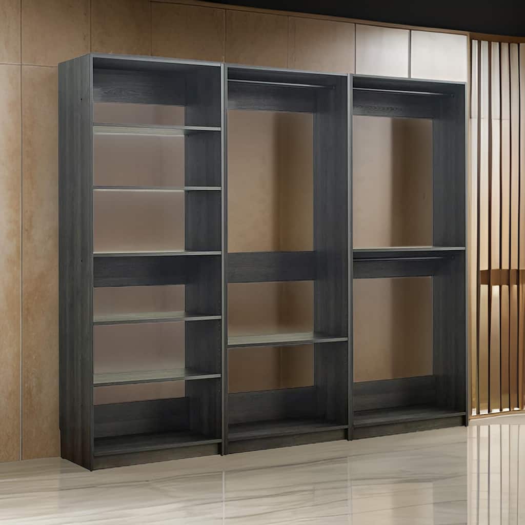 Dee Modular Closet System, 3 Hanging Rods and 6 Shelves, Dark Gray Wood