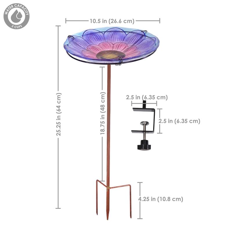 Deck-Mounted Glass Bird Bath with Stake