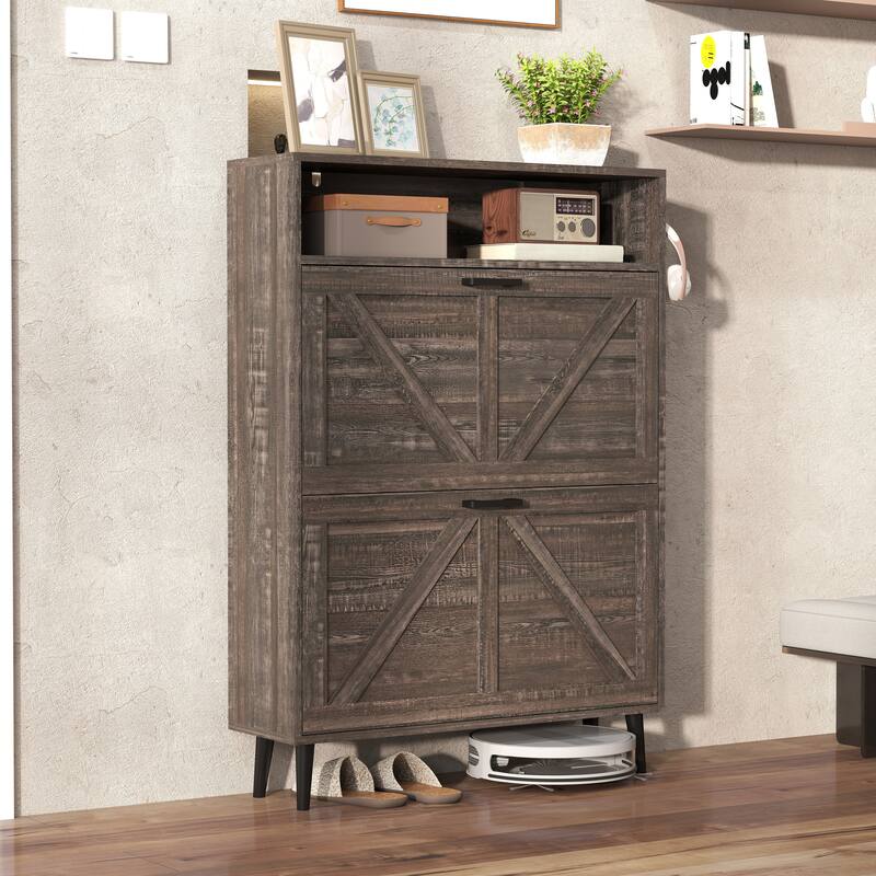 Shoe Storage Cabinet with Barn Door, Freestanding Wooden Shoe Organizer, Shoe Rack with 2 Flip Drawers & Adjustable Shelves