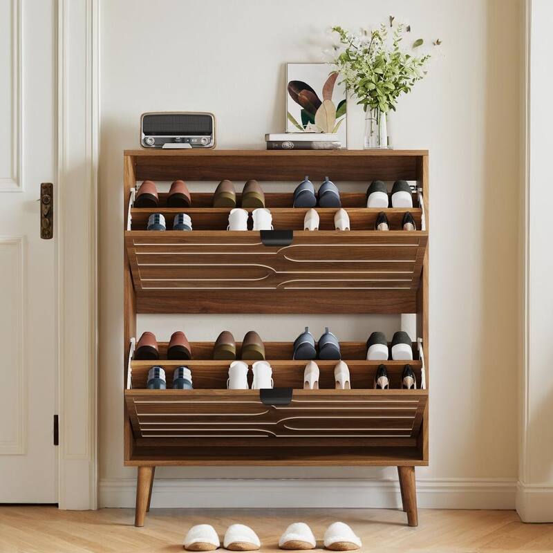 Modern 31.5 in Walnut Shoe Storage Cabinet with 2 Flip Drawers