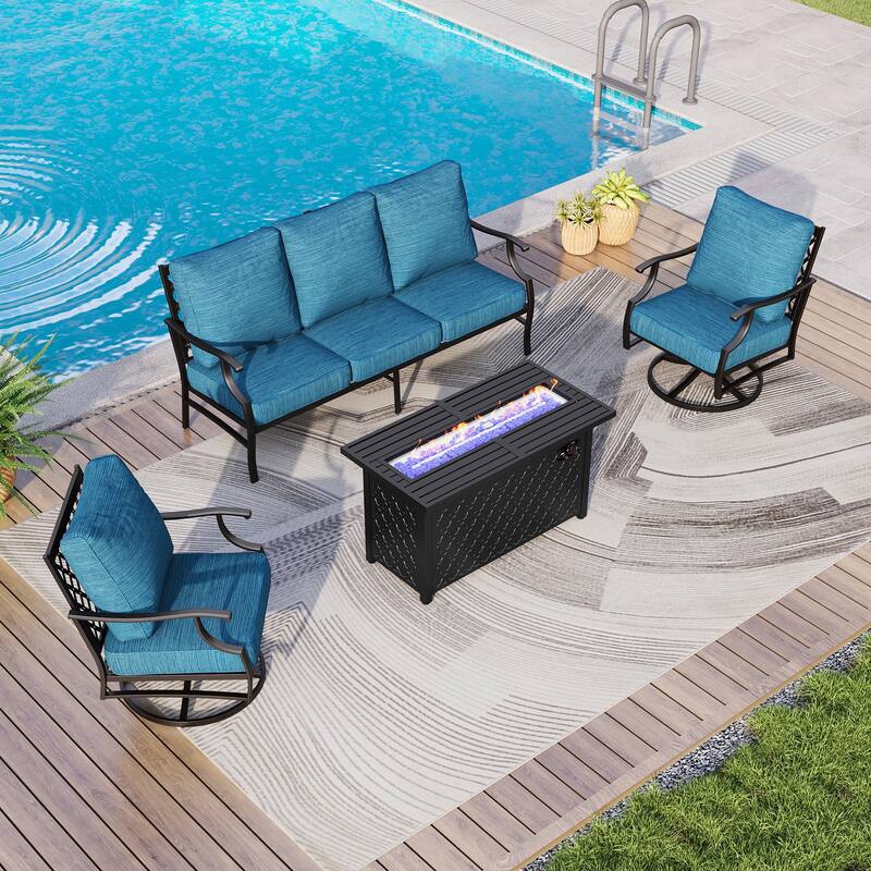 MAISON ARTS Outdoor Sofa Set 4/6-Piece Patio Conversation Set with 45'' Gas Fire Pit Table - Set 2 - Peacock Blue