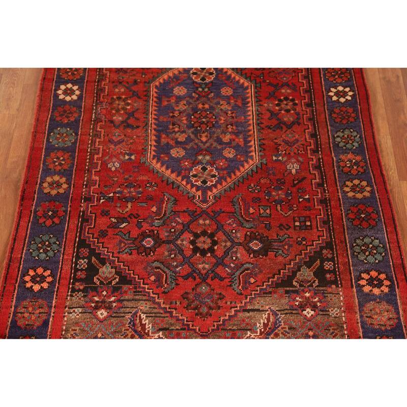 Red Hamedan Persian Vintage Rug Handmade Wool Carpet - 4'1" x 7'1"