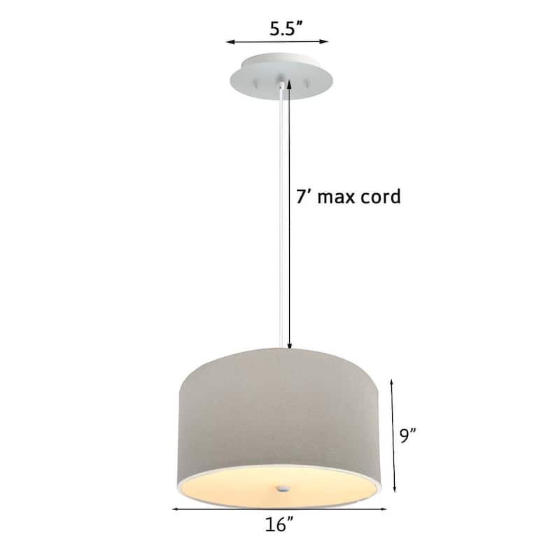 16" W 2 Light Pendant Light Oatmeal Linen Drum Shade with Diffuser, White Cord