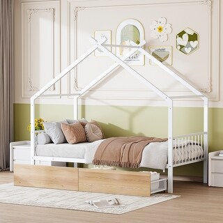 Twin Size Metal House Bed with Two Drawers and Roof for Kids, Boys and Girls, Bedroom