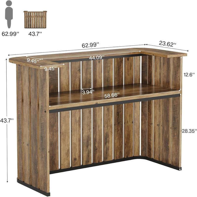 63 Inches Brown Engineered Wood Bar Table with Storage Shelves, 2-Tier Wine Bar Cabinet for Home Pub