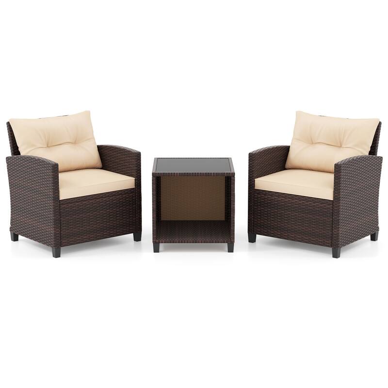 Gymax 3-Piece Patio Furniture Set PE Rattan Conversation Set w/ Glass