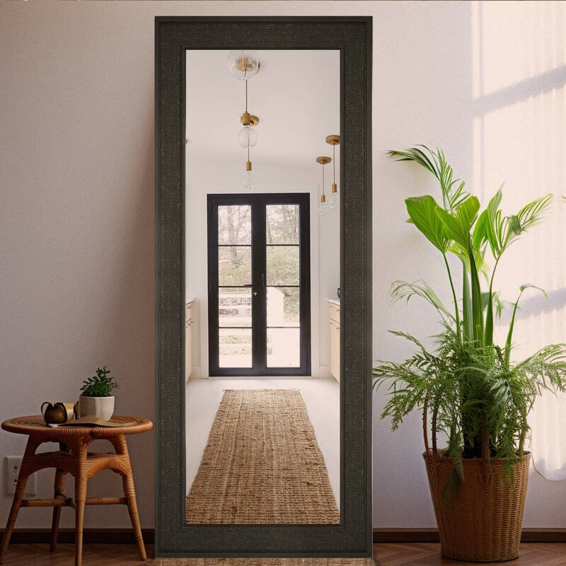 Faux Wooden Frame Rattan Farmhouse Style Rectangle Wall Mirror