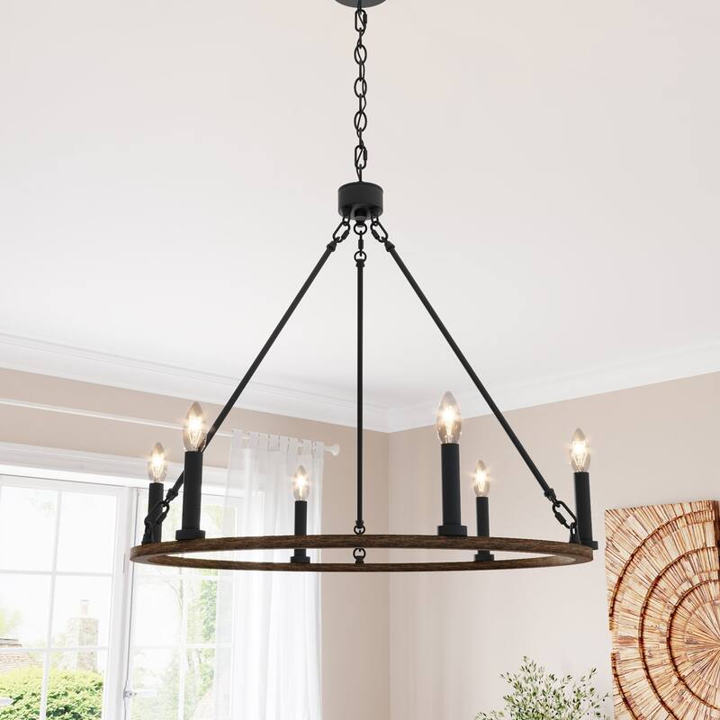Acroma 6-light Farmhouse Rustic Round Wagon Wheel Chandelier with UL - 23'' - Weathered Walnut