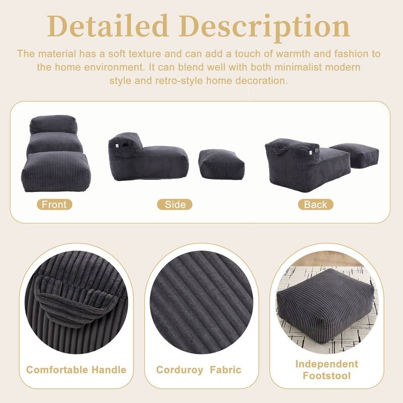 Corduroy Upholstered Lounger Large Ergonomic Support Compressed Bean Bag Sofa with Ottoman