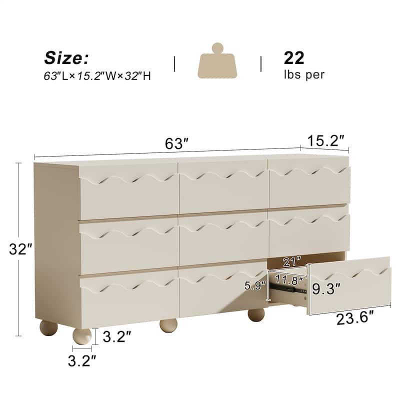 Wave Front 9 Drawer Dresser Handle-Free Modern Storage Cabinet