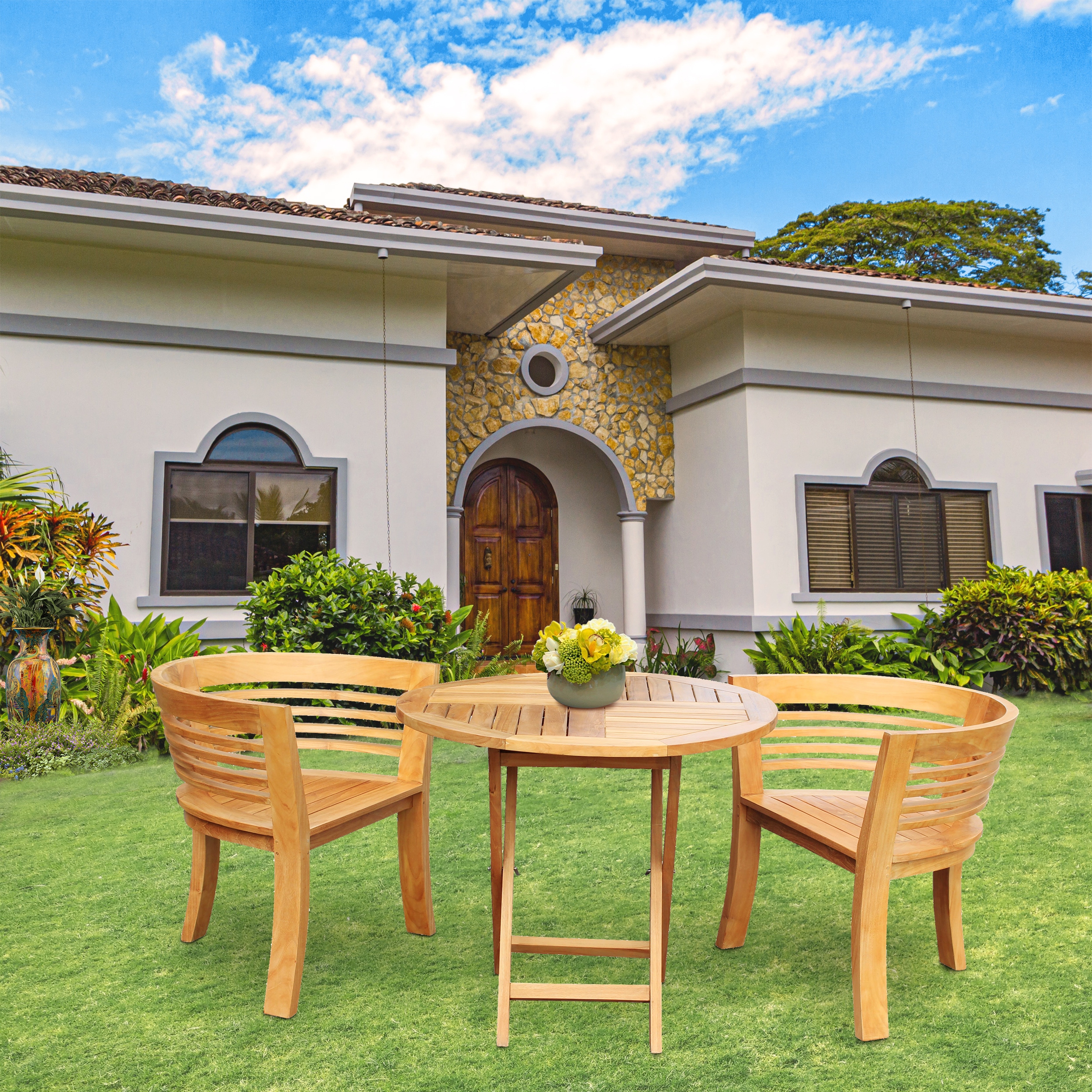Chic Teak 3 Piece Teak Wood California Half Moon Patio Bistro Dining Set 2 Chairs and 36