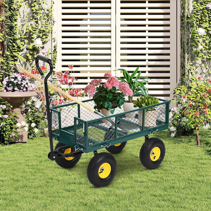 Heavy Duty Steel Utility Garden Wagon Cart with Removable Sides - Green - 550LB Capacity