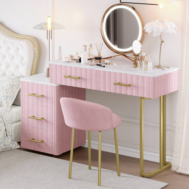 Velvet Upholstered Makeup Vanity Desk with 5 Storage Drawers, Marble-Look Sticker Top Dressing Table and Padded Makeup Chair Set