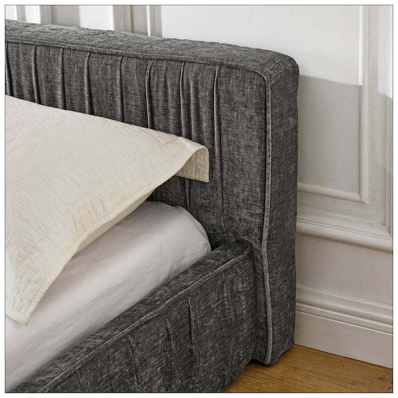Queen Size Upholstered Bed Frame with Chenille fabric with pleated design