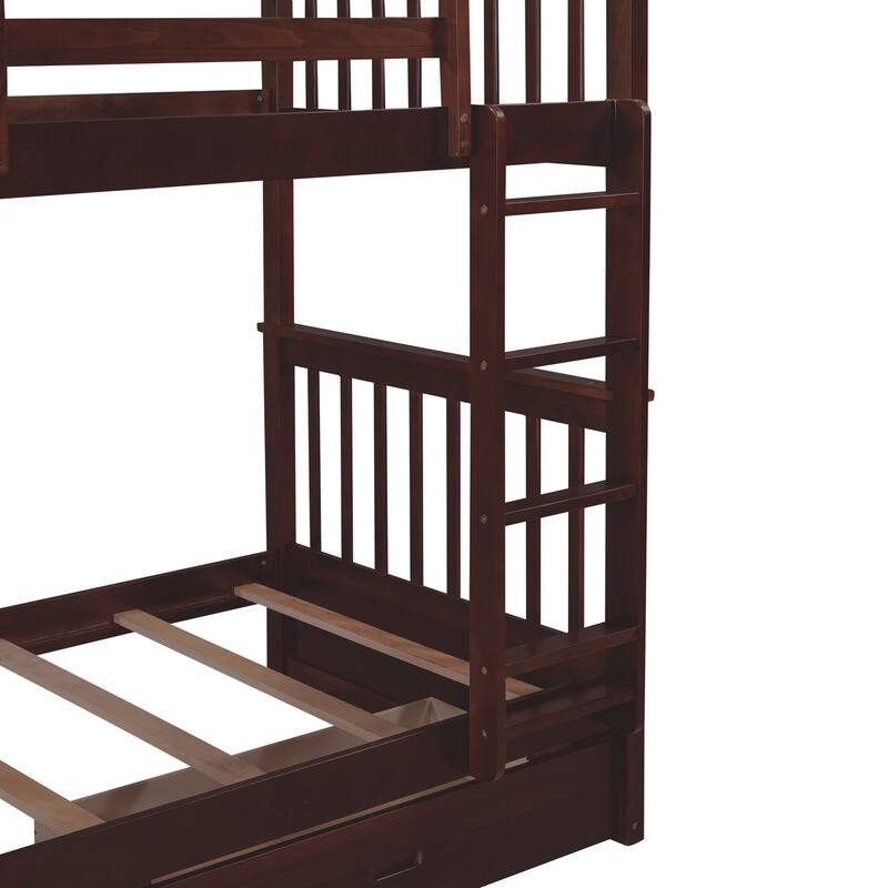 Twin Over Twin Bunk Bed Convertible 2 Platform Beds, Wooden Panel Bed with Ladder, Guardrail and 2 Drawers