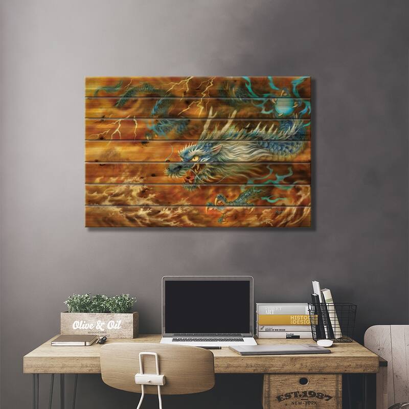 Blue Dragon Of The East Print On Wood by Kayomi Harai - Multi-Color