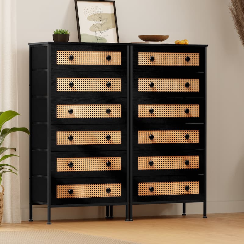 6-Drawer Chest Faux Rattan Fabric Drawers Dresser Storage Cabinet Bedroom Organizer - 2-piece Set, Black - 6-drawer