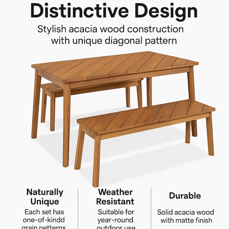 3-Piece Acacia Wood Patio Dining Set with Benches – Indoor & Outdoor Picnic Table