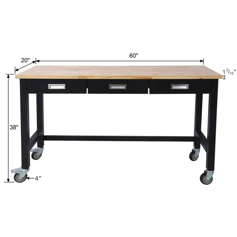 60in Work Bench, Workbench with Drawer Storage, Heavy Duty Bamboo Wood Work Table with Wheels for Garage Home Office