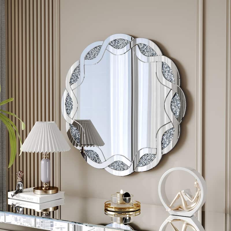 GDFStudio - Glam Silver Crush Diamond Round Wall Mirror with Wave Frame - 31.5 Inch