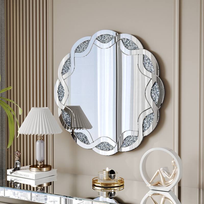 Silver Crush Diamond Round Wall Mirror, 31.5 Inch Wave Frame Decorative Mirror for Living Room, Bathroom, Bedroom