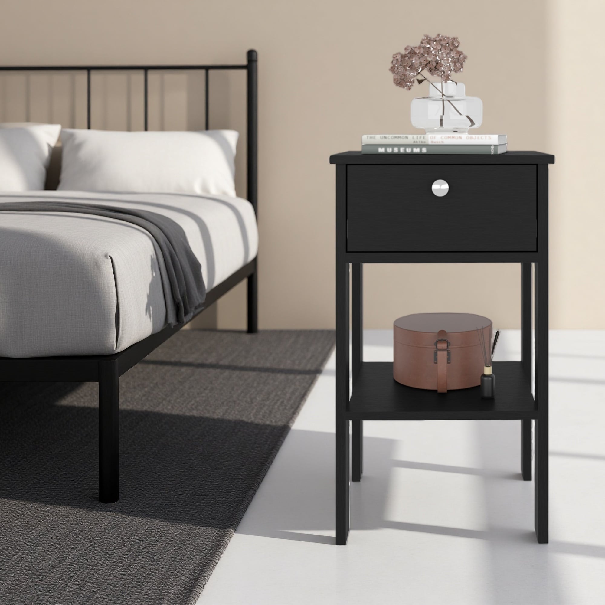 15.7"L Compact Nightstand with 1 Drawer and 1 Open Shelf, Elevated 4-Leg Design, Ready-to-Assemble