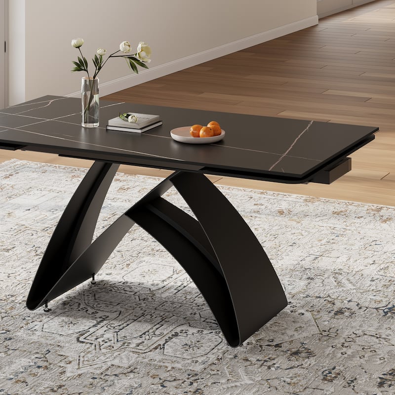 63-95"Extendable Modern Dining Table for 6-10, Black Sintered Stone Tabletop