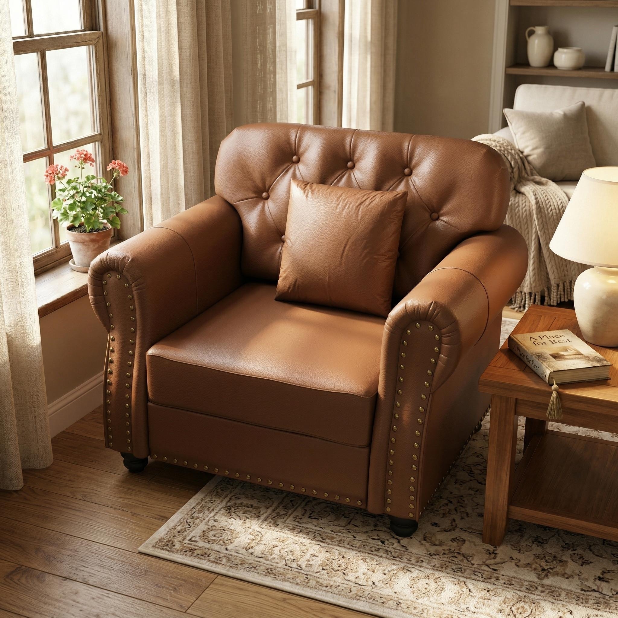 Homy Casa Chesterfield Faux Leather Armchair Sofa, Button Tufted Accent Couch with Rolled Arms for Living Room