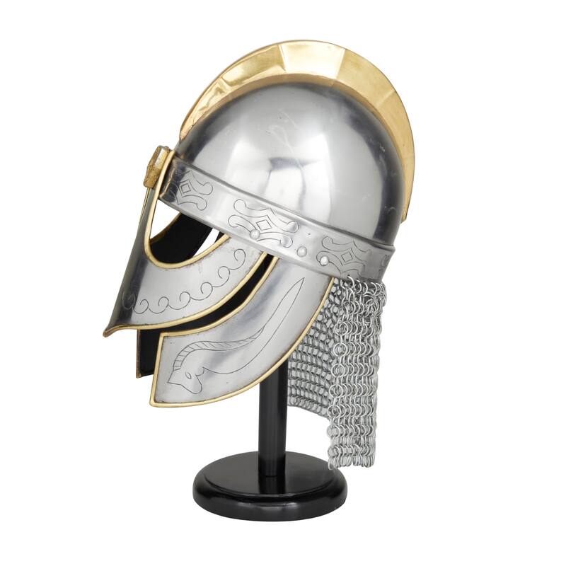Silver Metal Replica Medieval Knight Crusader Helmet with Black Wood Stand and Chainmail - 9 x 11 x 17