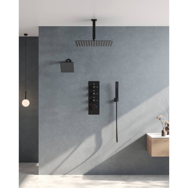 Dual Heads 16" Rainfall & High Pressure 6" Shower System w/ 3 Way Thermostatic Faucet 