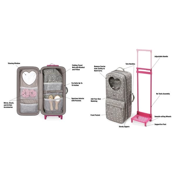 dimension image slide 1 of 2, Badger Basket Travel and Tour Trolley Carrier with Bed for 18-inch Dolls - Gray/Stars
