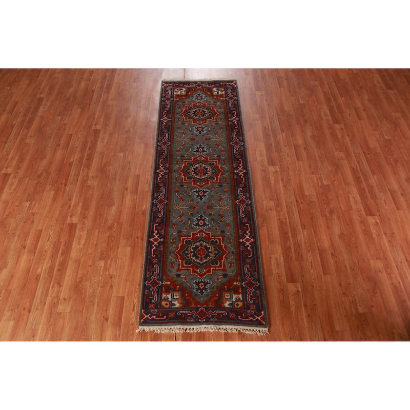 Hand Knotted Oriental 100% Wool Carpet Traditional Geometric Greys & Charcoal Heriz (serapi) Runner Rug - 7' 11'' X 2' 7''