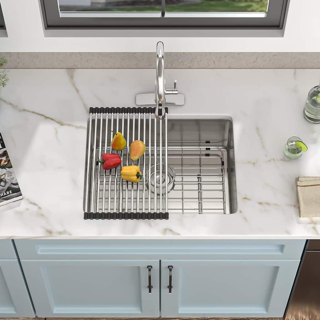 CB HOME 23'' Undermount Kitchen Sink with Accessories, Drop in Single Bowl Sink with Basket Strainer&Bottom Grid&Roll Up Rack