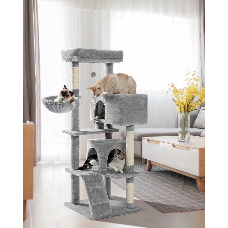Cat Tree with Large Top Perch, Plush Hammock, 2 Condos, Dangling Pompom & Cat Scratching Posts