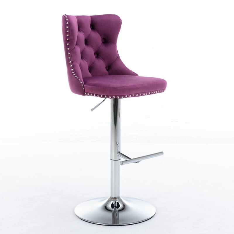 Swivel Velvet Barstools Set of 2 Adjustable Height Bar Stool with Chrome Base Modern Tufted Back Bar Stool
