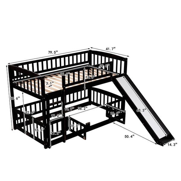 dimension image slide 1 of 3, Twin Over Twin Wooden Bunk Bed,Low Bunk Bed with Built-In Ladders and Slides