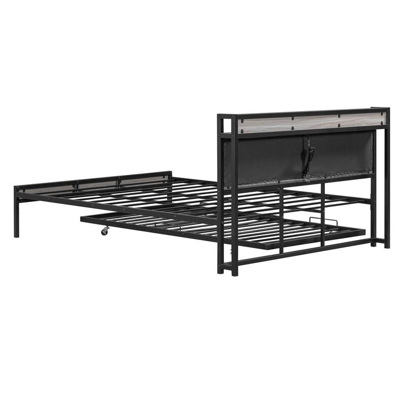HomeRoots Black and Gray Metal And Upholstery Queen Bed Frame With Trundle