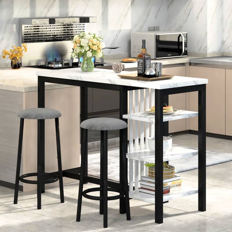 Bar Table Set with Storage Shelves, Faux Marble Breakfast Table with 2 Velvet Stools for Kitchen/Dinning Room/Living Room/Studio