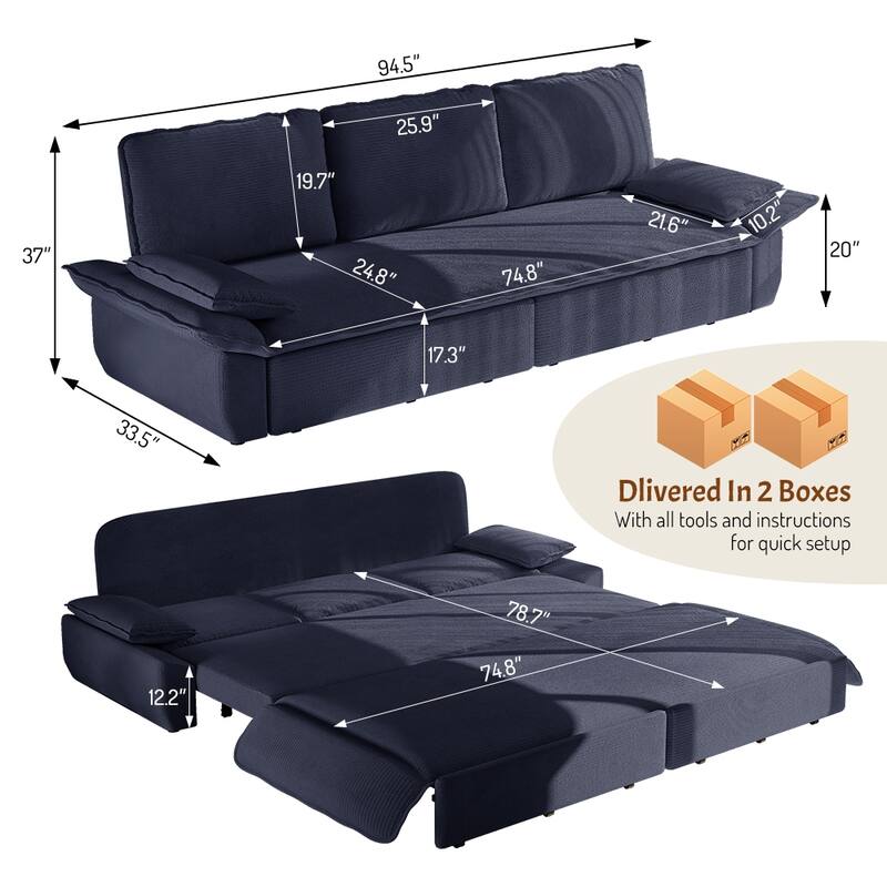GDFStudio - Corduroy 94.5" 3-in-1 Convertible Sleeper Sofa with Pull-Out Bed