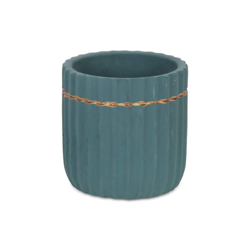 Aurine Round Gold Trimmed Ridged Ceramic Pot - Blue