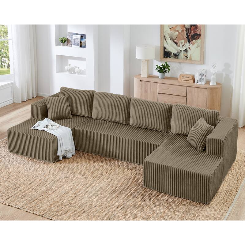 Roomfitters U-Shape Modular Sectional Sofa, Corduroy Sleeper Couch, Modern Compressed Sofa for Living Room