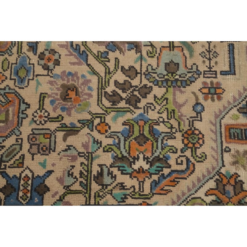 Hand Knotted Oriental 100% Wool Carpet Traditional Floral Beige & Ivories Tabriz Area Rug - 9' 6'' X 6' 5''
