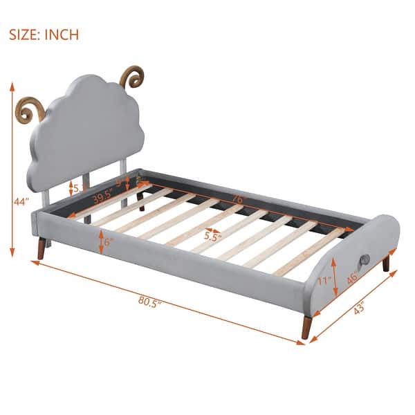 dimension image slide 0 of 4, Twin Size Upholstered Platform Bed Animal Theme Design Bed Frame with Sheep-Shaped Headboard and Footboard, No Box Spring Needed