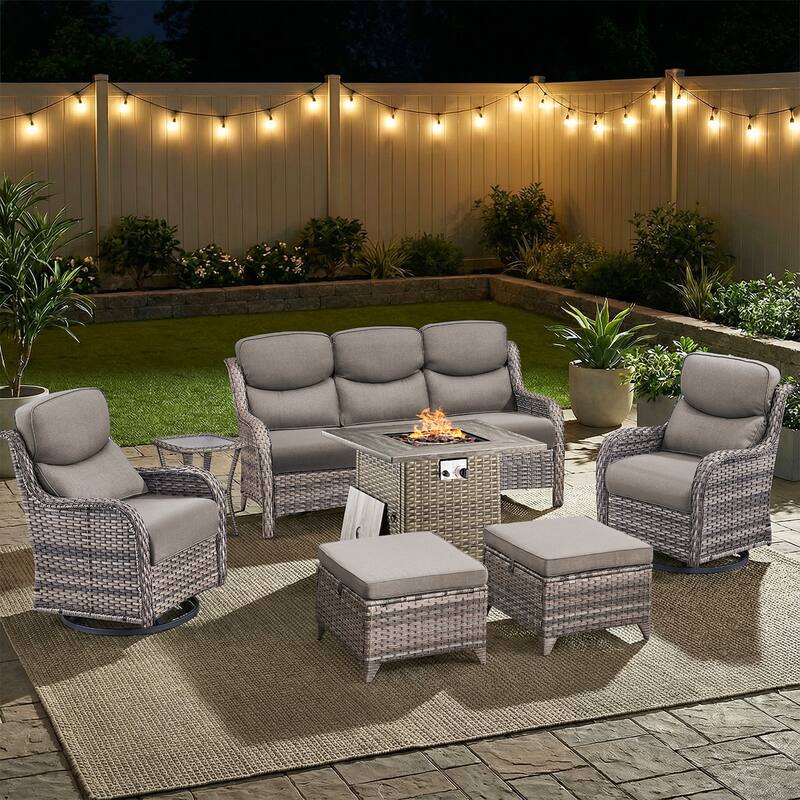 Pocassy Outdoor Propane Fire Pit Table with Sofa Swivel Chair Funiture Set. - Gray Wicker Gray Cushion - 7-Piece Sofa Swivel Chair Ottoman w/ Fie Table